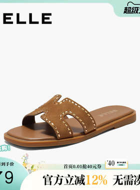 百丽女鞋子平底一字拖女夏季新款真皮沙滩拖可外穿拖鞋B2612BT5预