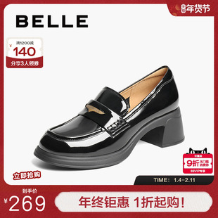 百丽女鞋子粗高跟海鸥乐福鞋黑色小皮鞋通勤上班单鞋3A6B5AA5