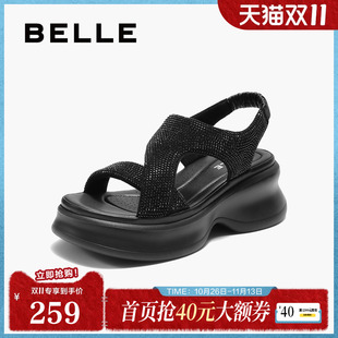百丽女鞋厚底水钻法式休闲运动凉鞋女夏季新款增高鞋子E2W1DBL5