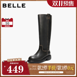 【双11预售】百丽女鞋复古真皮高长靴骑士靴女显瘦长筒靴F2U1DDG5