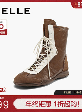 百丽复古英伦拳击靴夏2025新运动风中筒西部休闲靴子女BAS61DZ5
