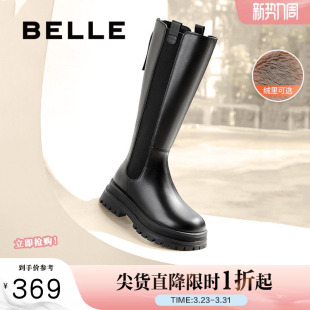 百丽厚底高长骑士靴女冬新款 显瘦切尔西靴加绒长筒靴子3NV70DG4