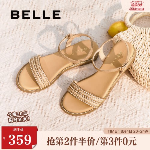 百丽女鞋子一字带凉鞋女夏季新款法式绝美海边平底单鞋3CQ36BL5