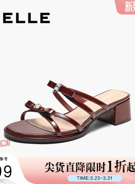百丽复古气质蝴蝶结一字拖鞋女夏季新款粗高跟优雅拖鞋B2650BT5