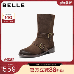 百丽复古反绒面中筒靴显瘦时装 美拉德粗跟西部靴3QF65DG5 靴女鞋