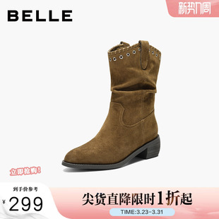 显瘦V口百搭西部牛仔靴B3009DZ5 新款 百丽复古绒面时装 靴女冬季