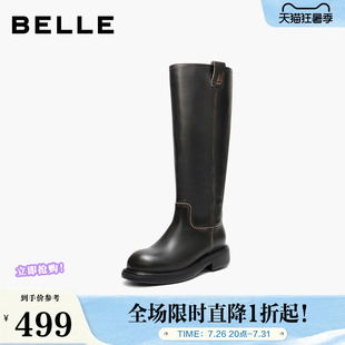 百丽女鞋复古真皮高长靴骑士靴女冬季新款厚底显瘦长筒靴F2U1DDG5
