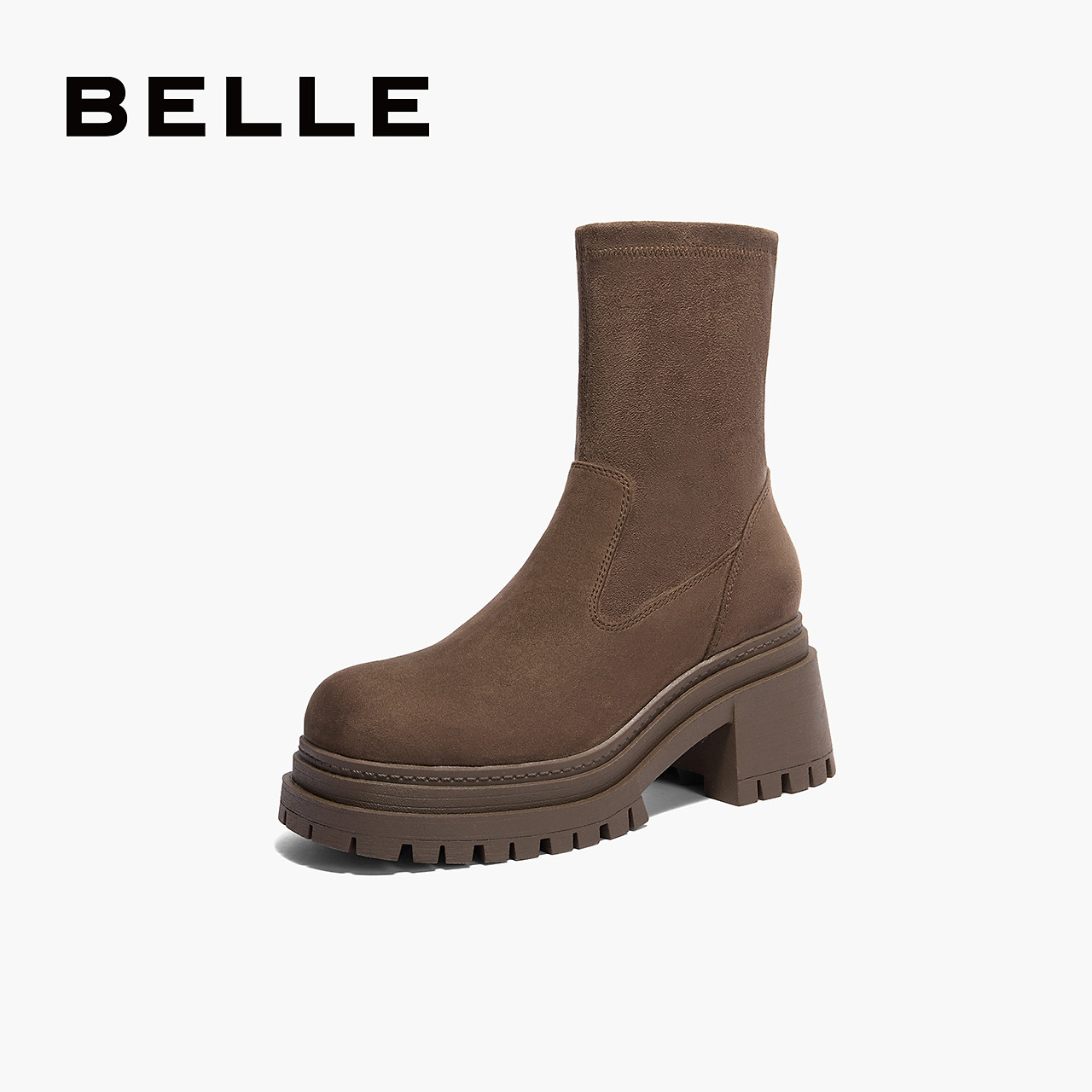 百丽女鞋子厚底弹力靴女新款冬粗跟短靴反绒面瘦瘦靴子3MC61DZ4,女鞋,弹力靴/袜靴,淘宝优惠券,粉丝福利购,淘宝优惠卷