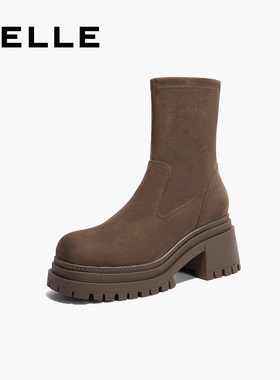 百丽女鞋子厚底弹力靴女新款冬粗跟短靴反绒面瘦瘦靴子3MC61DZ4