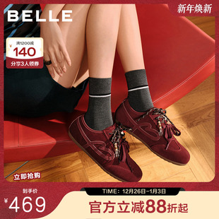 舒适薄底红色新年休闲鞋 百丽双鞋 新款 德训鞋 E9U1DAM6 带串珠阿甘鞋