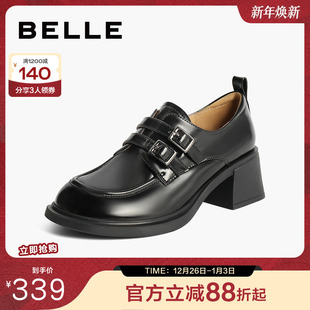 粗跟深口单鞋 百丽女鞋 黑色小皮鞋 女新款 子B2071CM4 子英伦风乐福鞋