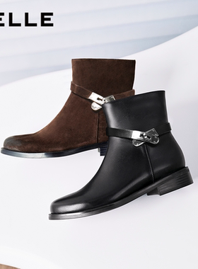百丽女靴真皮通勤时装靴冬新款粗跟瘦瘦靴羊皮绒面中筒靴3QF48DD5