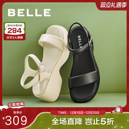 百丽一字带厚底凉鞋女夏季新款鞋子可外穿休闲运动凉鞋A9D1DBL4