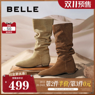 【双11预售】争气同款百丽荒野来信女靴西部靴加绒长筒靴E5Z1DDG5