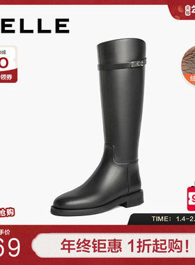 百丽厚底骑士靴女靴子冬新弹力靴加绒黑色高长筒靴棉鞋B2160DG4