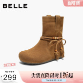 百丽女靴子复古绒面西部牛仔靴民族风内增高休闲中筒靴B2937DZ5