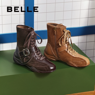 百丽运动风拳击靴厚底西部靴子女鞋冬季新款休闲短靴E5R1DDZ5