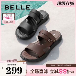 牛皮沙滩拖鞋 百丽男鞋 新商场同款 真皮凉鞋 两用7YG01BL3 男爸爸夏季