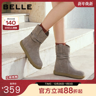 百丽复古堆堆西部休闲靴女冬季 雪地靴加绒牛仔短靴B2826DZ5 新款