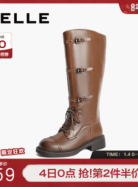 百丽长靴鞋子西部靴机车靴骑士靴女鞋新款冬季长筒靴子B2249DG4