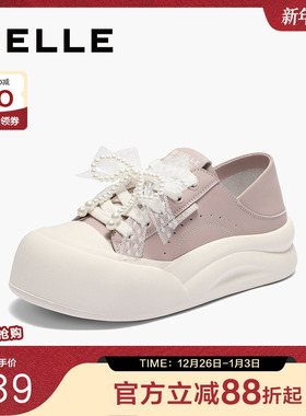 百丽女鞋踩脚可两穿小白板鞋2025新款蝴蝶结厚底帆布鞋B2629CM5