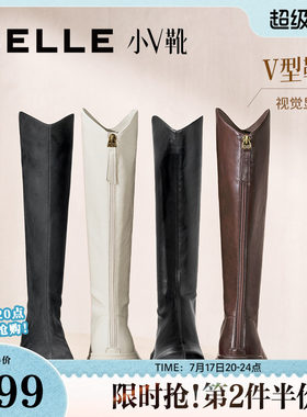 百丽女鞋小V高长筒弹力靴女冬厚底加绒显瘦瘦骑士靴子E5F1DDG5