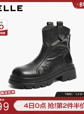 百丽复古羊皮时装靴女冬季新款棉鞋厚底显瘦加绒短靴子F2N1DDZ5