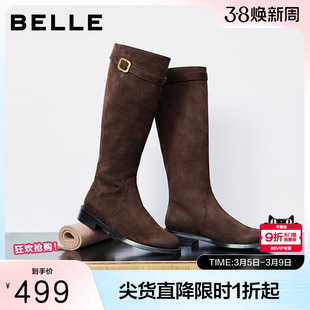 百丽女鞋子显瘦瘦靴绒面弹力骑士靴女冬季新款粗跟高长靴3QFF2DG5
