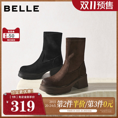 【双11预售】百丽女鞋子复古弹力靴女加绒显瘦瘦短靴子E5G2DDZ5