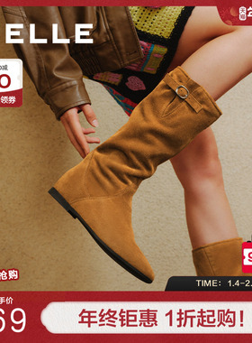 百丽女靴子复古西部靴堆堆靴加绒保暖冬季新款内增高筒靴E5Y1DDG5