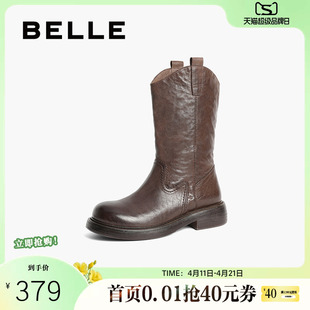 靴真皮显瘦瘦短靴B2395DG4 时装 百丽复古西部牛仔靴女靴子新款 冬季