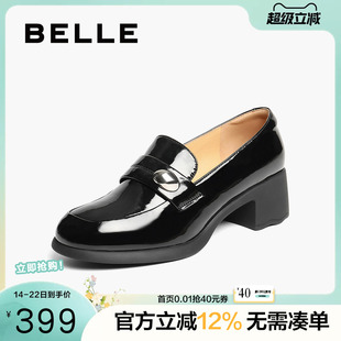 百丽女鞋粗高跟海鸥乐福鞋女秋季新款不累脚深口单鞋子E1C1DCA5