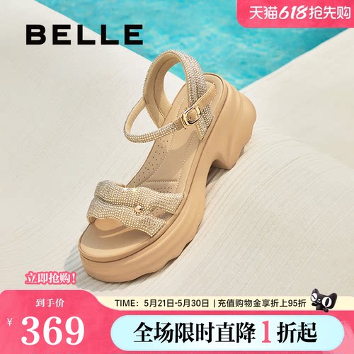 百丽女鞋厚底增高一字带凉鞋夏季新款妈妈法式休闲凉鞋D7Z2DBL5