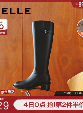 明星同款百丽女靴子冬季新款骑士靴加绒黑色长筒高长靴3KV71DG4
