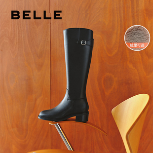 明星同款百丽女靴子冬季新款骑士靴加绒黑色长筒高长靴3KV71DG4
