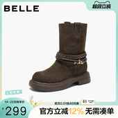 百丽厚底增高加绒低筒休闲靴子新款 复古绒面牛仔靴雪地靴E8J1DDZ5