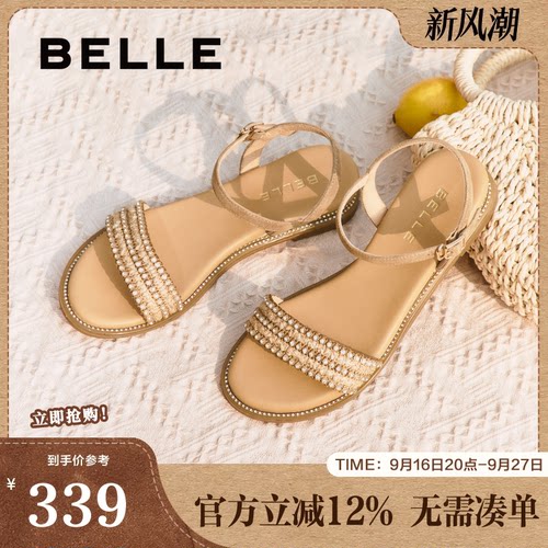 百丽女鞋子一字带凉鞋女夏季新款法式绝美海边平底单鞋3CQ36BL5