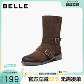 百丽复古反绒面中筒靴显瘦时装 美拉德粗跟西部靴3QF65DG5 靴女鞋