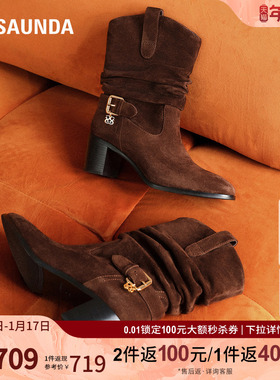 莱尔斯丹2025秋冬新款真皮粗跟复古棕色堆堆西部短靴子女6T65102