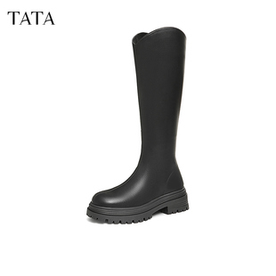 TATA他她厚底V口长筒靴女靴弹力瘦瘦靴骑士靴2025早秋新7D282DG4