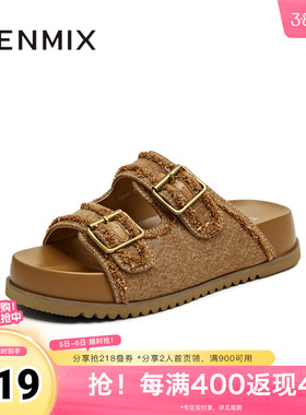 天美意新款牛仔布皮带扣休闲时尚厚底女勃肯鞋KK023BH5