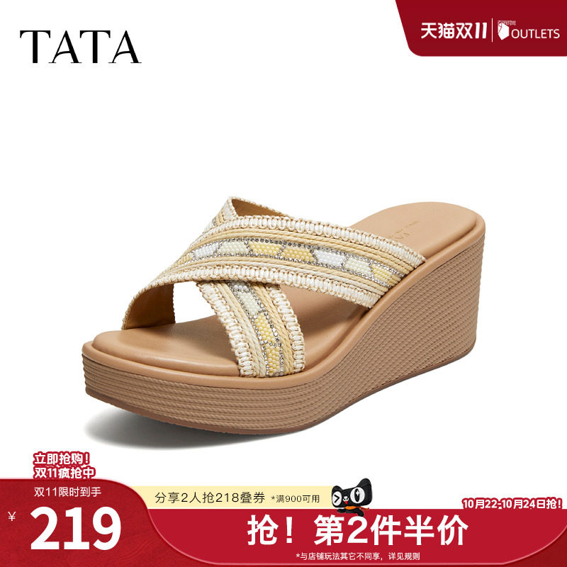 TATA他她一字拖夏季新款女鞋百搭厚底外穿休闲沙滩凉拖鞋Y4E03BT6