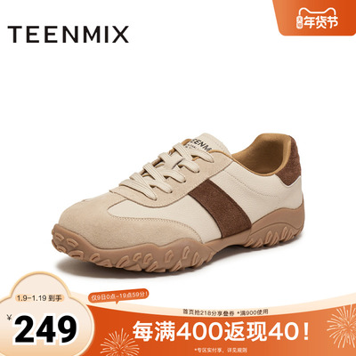 天美意2025冬新款休闲复古系带百搭拼色运动男德训鞋DXX02DM5