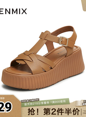 天美意新款商场同款时尚厚底露趾女一字带凉鞋CGE02BL5