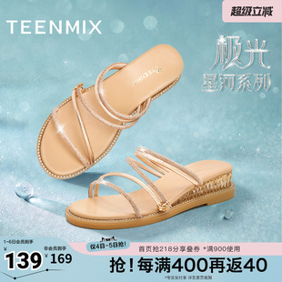 新款 CTI19BT4 女外穿凉拖坡跟凉鞋 天美意仙女闪钻厚底拖鞋