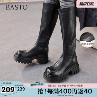 百思图秋冬季 商场同款 骑士靴时尚 潮流粗跟女长靴F6013DG5 新款