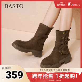 复古厚底圆头女中靴BP335DZ5 西部靴时尚 百思图2025冬季 新款