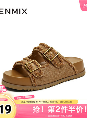 天美意新款牛仔布皮带扣休闲时尚厚底女勃肯鞋KK023BH5