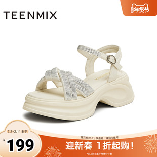 天美意2025新款商场同款时尚水钻厚底女一字带凉鞋BK941BL5