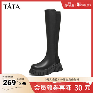 Tata他她厚底显瘦骑士靴女靴弹力长靴高筒靴冬季 CAC04DG4 新款